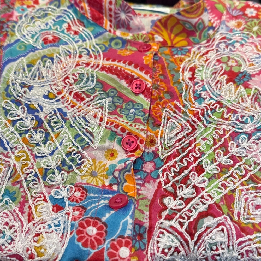 M195 // Bleu Bayou 100% Cotton Multicolored Floral Print Button Front Shirt // L - Picture 7 of 7